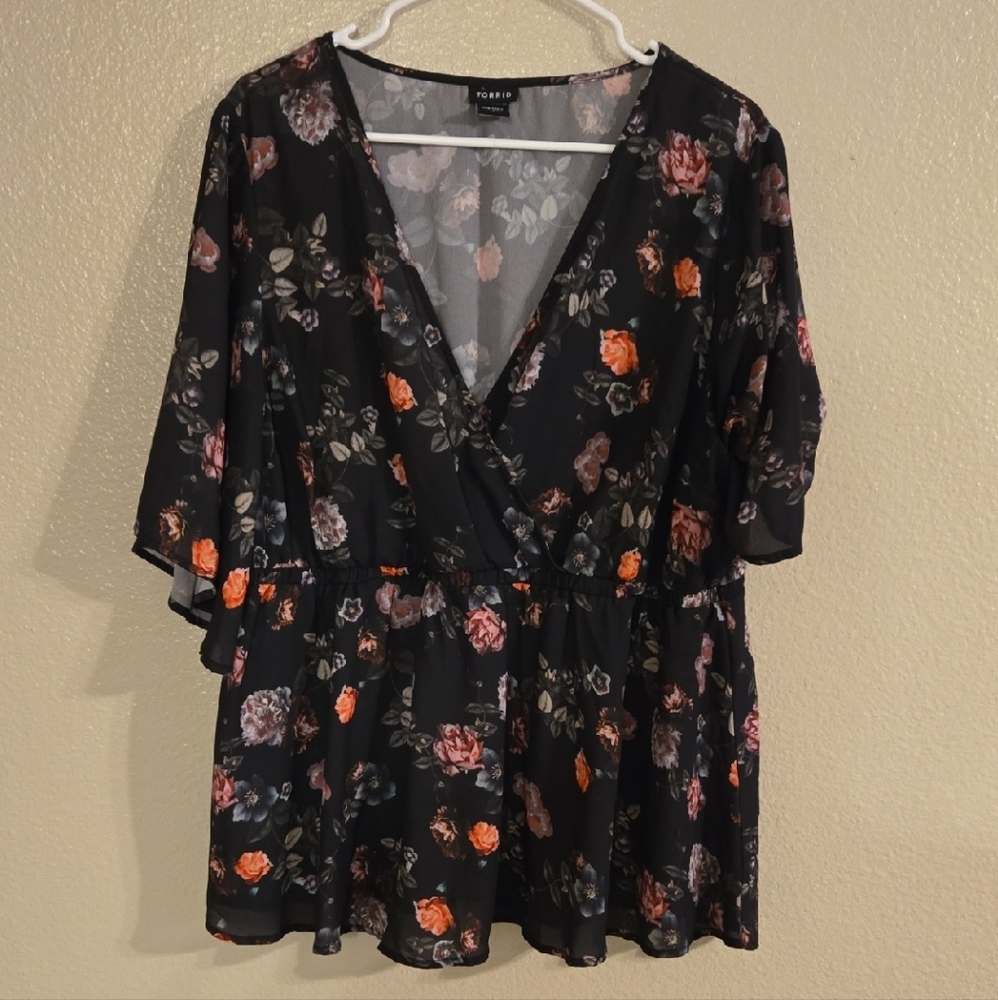 Torrid Floral Wrap Blouse in Orange and Pink